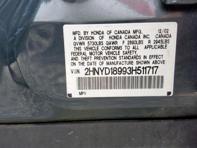 2HNYD18993H511717 - 2003 ACURA MDX TOURIN GRAY photo 10