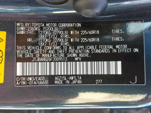 JTJBARBZ6F2009513 - 2015 LEXUS NX 200T BLUE photo 10