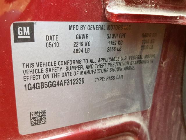 1G4GB5GG4AF312339 - 2010 BUICK LACROSSE C BURGUNDY photo 10