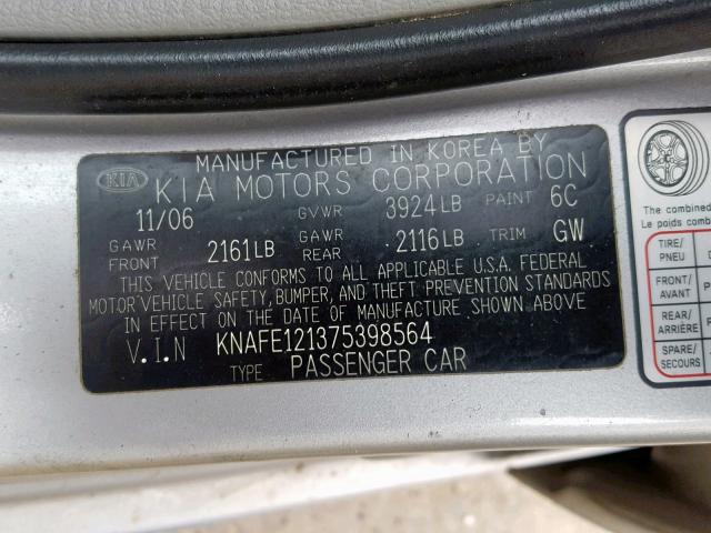 KNAFE121375398564 - 2007 KIA SPECTRA EX SILVER photo 10