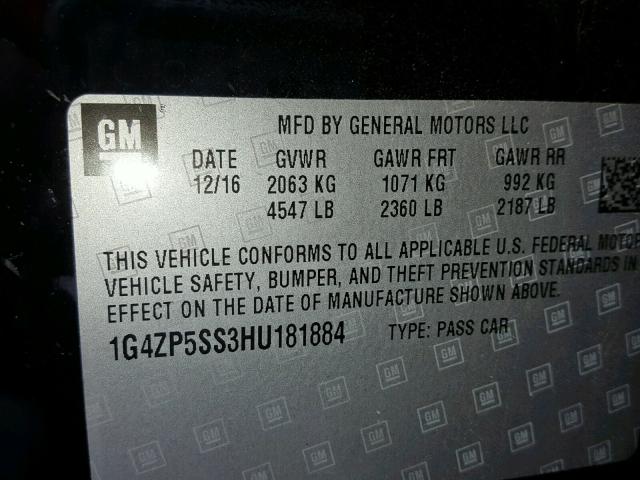 1G4ZP5SS3HU181884 - 2017 BUICK LACROSSE E BLACK photo 10