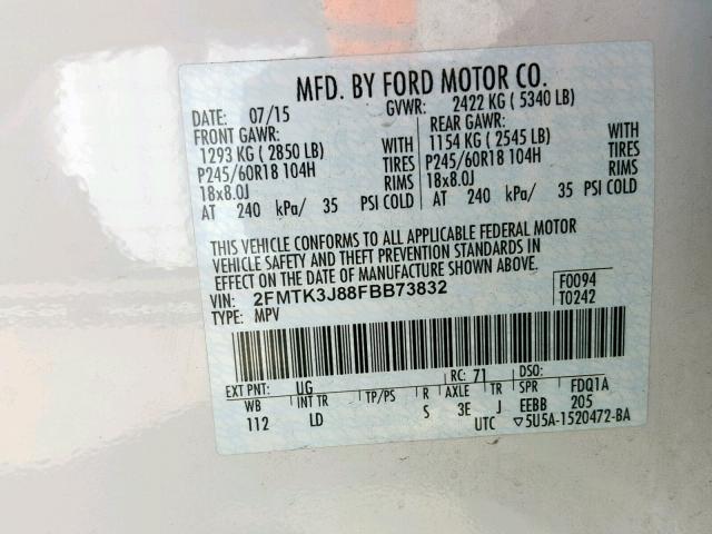 2FMTK3J88FBB73832 - 2015 FORD EDGE SEL WHITE photo 10