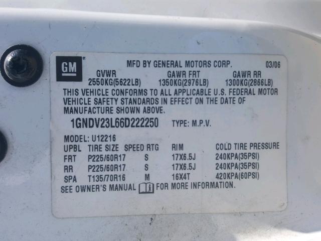 1GNDV23L66D222250 - 2006 CHEVROLET UPLANDER L 白色 照片 10