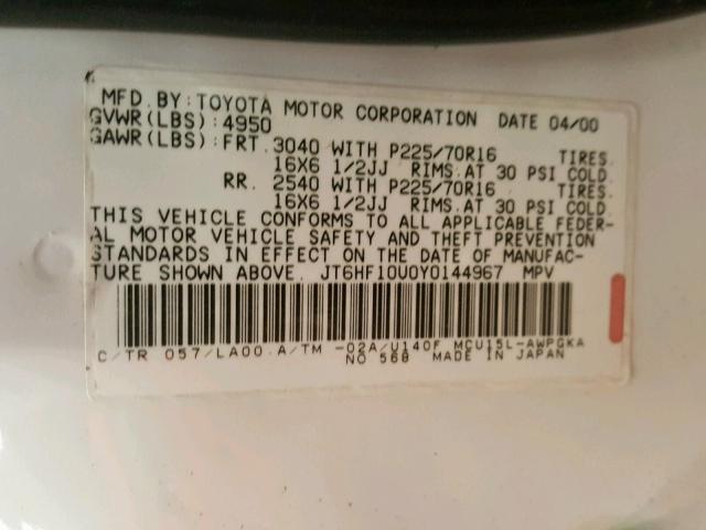 JT6HF10U0Y0144967 - 2000 LEXUS RX 300 WHITE photo 10