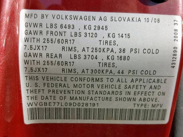 WVGBE77L09D028191 - 2009 VOLKSWAGEN TOUAREG 2 RED photo 10