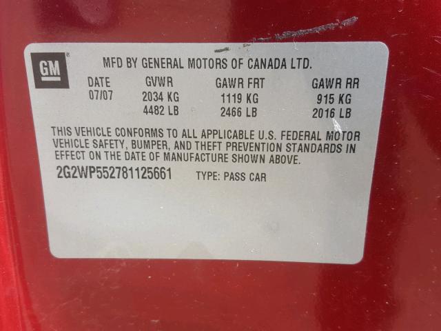 2G2WP552781125661 - 2008 PONTIAC GRAND PRIX MAROON photo 10