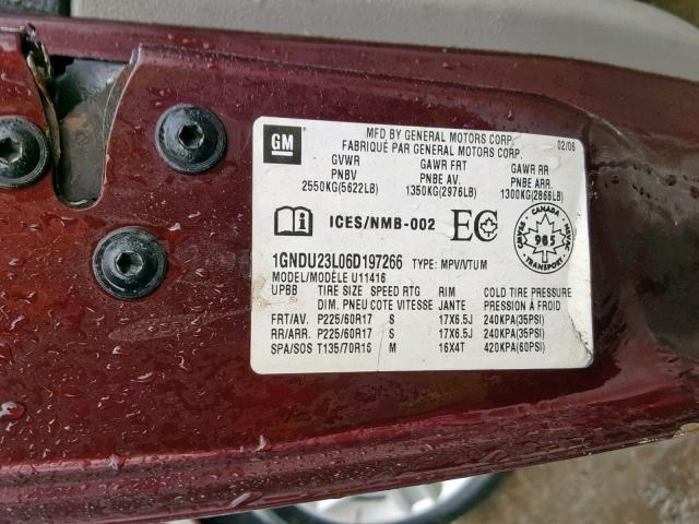 1GNDU23L06D197266 - 2006 CHEVROLET UPLANDER L 勃艮第红 照片 10