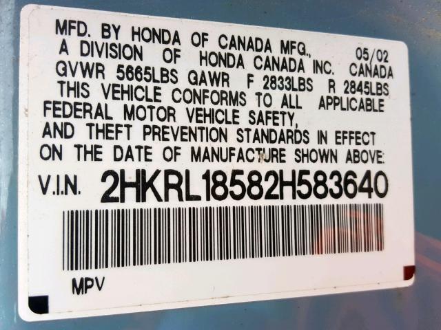 2HKRL18582H583640 - 2002 HONDA ODYSSEY LX BLUE photo 10