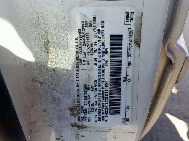 4N2ZN15T21D814904 - 2001 NISSAN QUEST GXE WHITE photo 10