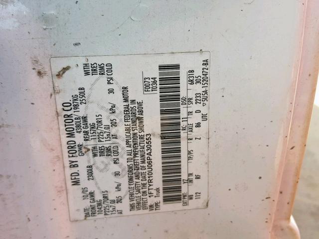 1FTYR10U06PA30553 - 2006 FORD RANGER WHITE photo 10