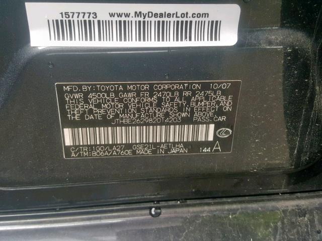 JTHBE262982014203 - 2008 LEXUS IS 350 GRAY photo 10