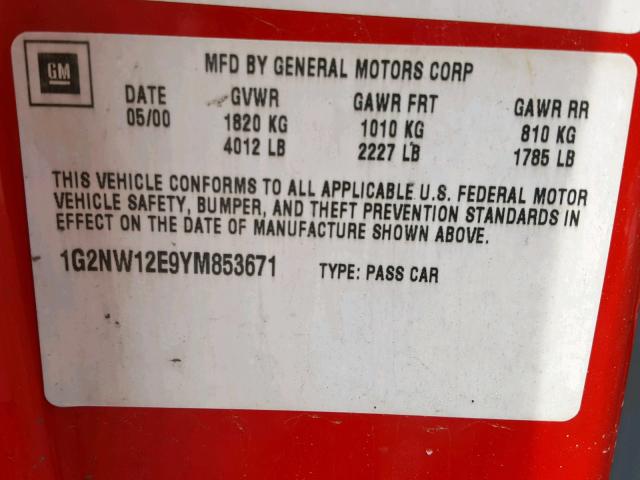 1G2NW12E9YM853671 - 2000 PONTIAC GRAND AM G RED photo 10