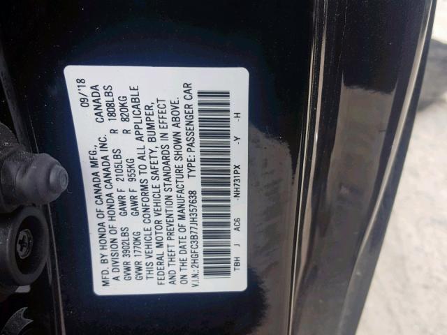 2HGFC3B77JH357638 - 2018 HONDA CIVIC EXL BLACK photo 10