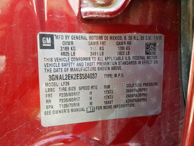 3GNAL2EK2ES584037 - 2014 CHEVROLET CAPTIVA LS 栗色 照片 10