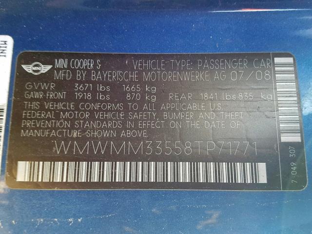 WMWMM33558TP71771 - 2008 MINI COOPER S C BLUE photo 10