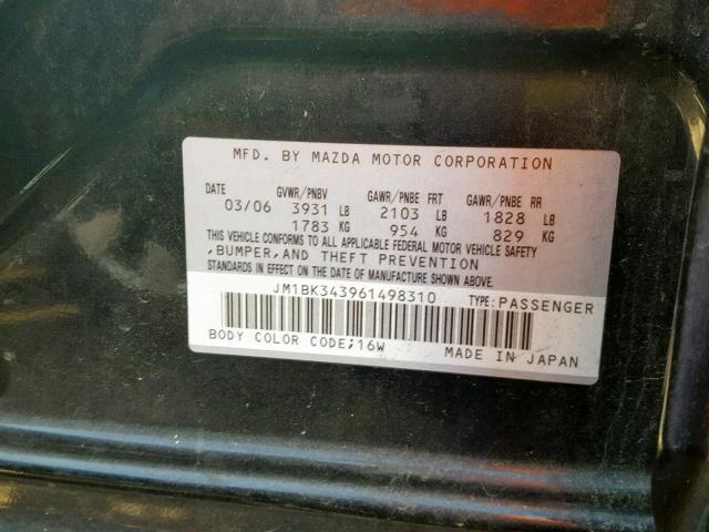 JM1BK343961498310 - 2006 MAZDA 3 HATCHBAC BLACK photo 10