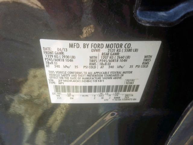 2FMDK4GC3DBC15181 - 2013 FORD EDGE SE BLACK photo 10