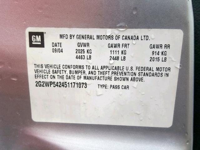 2G2WP542451171073 - 2005 PONTIAC GRAND PRIX SILVER photo 10