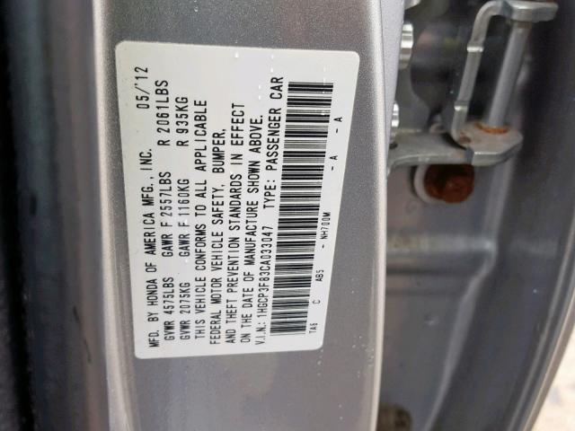 1HGCP3F83CA033047 - 2012 HONDA ACCORD EXL SILVER photo 10