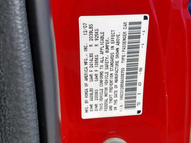 1HGCS12858A008750 - 2008 HONDA ACCORD EXL RED photo 10