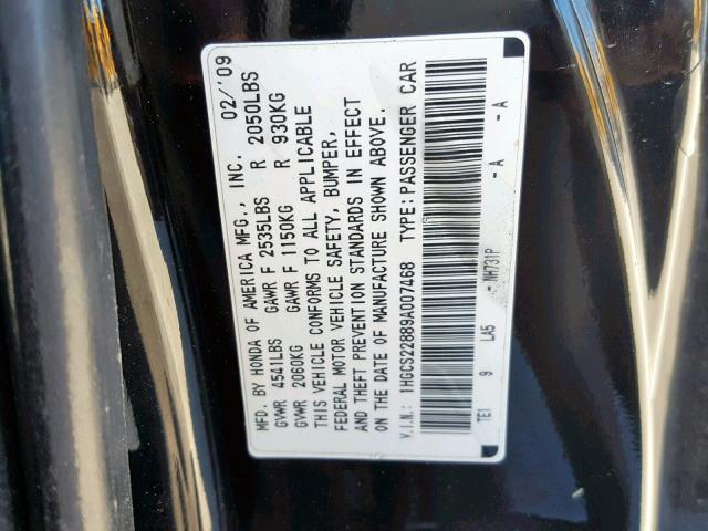 1HGCS22889A007468 - 2009 HONDA ACCORD EXL BLACK photo 10