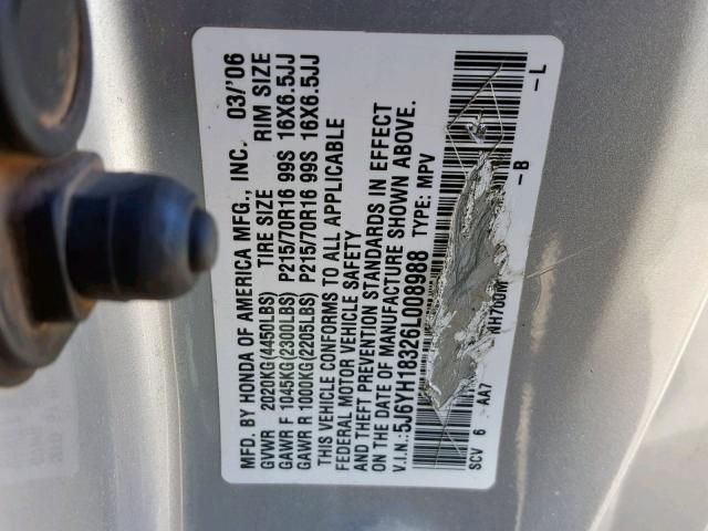 5J6YH28766L003821 - 2006 HONDA ELEMENT EX GRAY photo 10