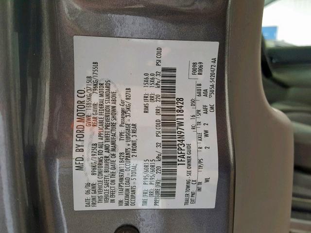 1FAFP34N97W118428 - 2007 FORD FOCUS ZX4 GRAY photo 10