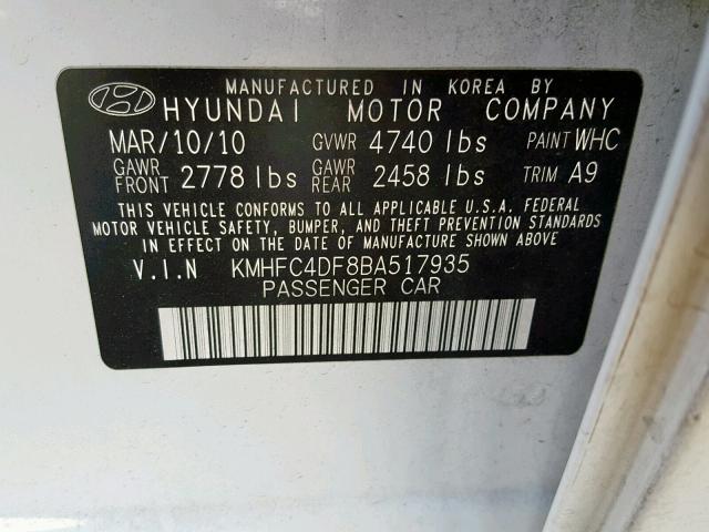 KMHFC4DF8BA517935 - 2011 HYUNDAI AZERA GLS WHITE photo 10