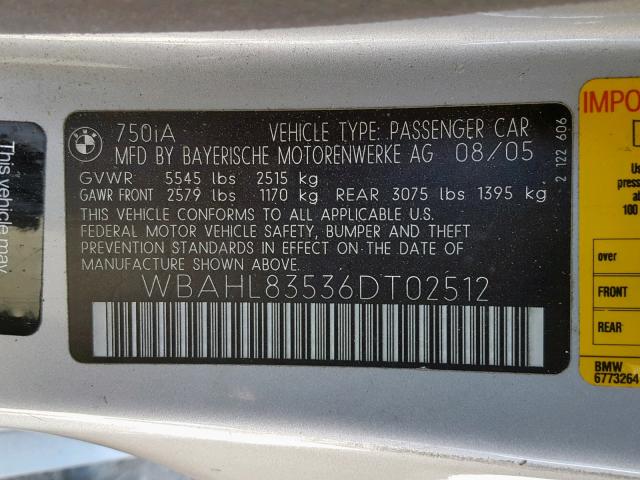 WBAHL83536DT02512 - 2006 BMW 750 I SILVER photo 10