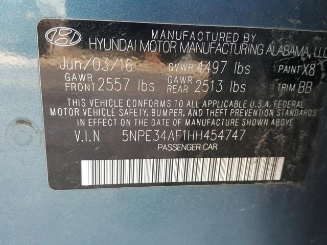 5NPE34AF1HH454747 - 2017 HYUNDAI SONATA SPO BLUE photo 10