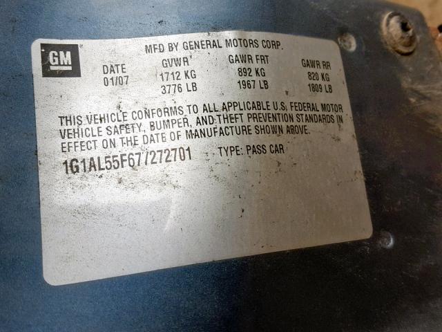 1G1AL55F677272701 - 2007 CHEVROLET COBALT LT BLUE photo 10