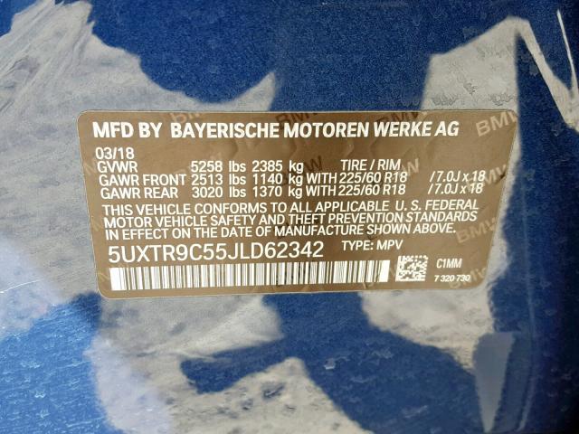 5UXTR9C55JLD62342 - 2018 BMW X3 XDRIVE3 BLUE photo 10