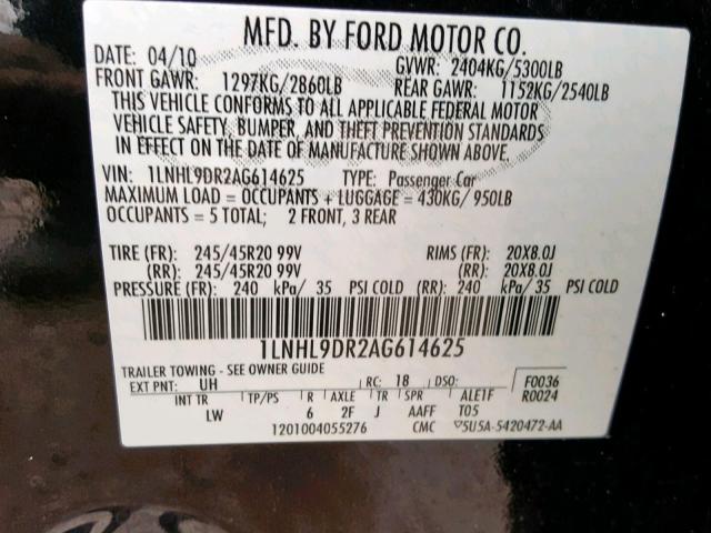 1LNHL9DR2AG614625 - 2010 LINCOLN MKS BLACK photo 10