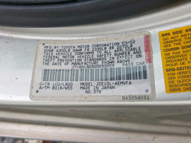 JTHBD192920053059 - 2002 LEXUS IS 300 GRAY photo 10