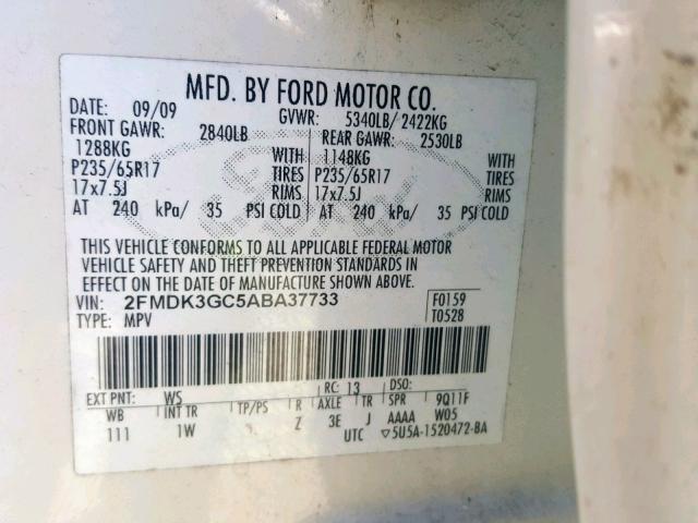 2FMDK3GC5ABA37733 - 2010 FORD EDGE SE WHITE photo 10