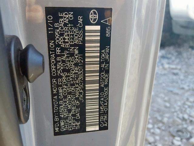 JTKJF5C73B3011271 - 2011 TOYOTA SCION TC GRAY photo 10