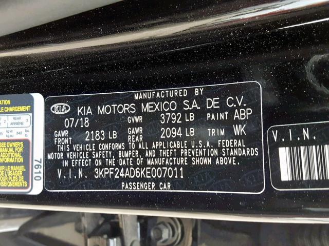 3KPF24AD6KE007011 - 2019 KIA FORTE FE BLACK photo 10