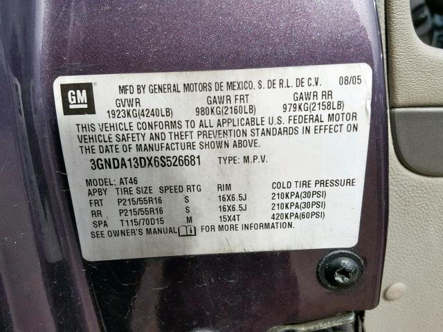 3GNDA13DX6S526681 - 2006 CHEVROLET HHR LS Mor fotoğraf 10