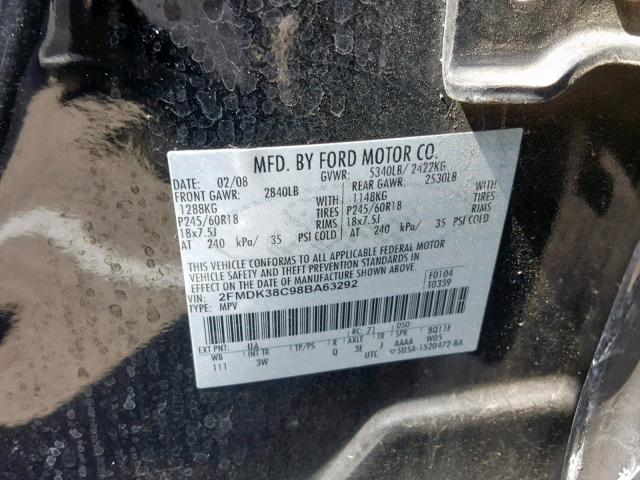 2FMDK38C98BA63292 - 2008 FORD EDGE SEL BLACK photo 10