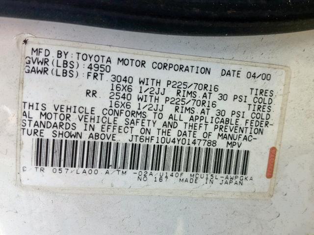 JT6HF10U4Y0147788 - 2000 LEXUS RX 300 WHITE photo 10