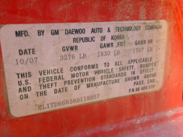 KL1TD66638B118857 - 2008 CHEVROLET AVEO BASE Қызыл фото 10