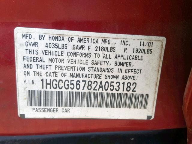 1HGCG56782A053182 - 2002 HONDA ACCORD SE MAROON photo 10