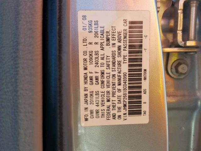 JHMCP26818C048990 - 2008 HONDA ACCORD EXL SILVER photo 10