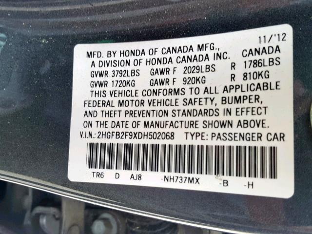 2HGFB2F9XDH502068 - 2013 HONDA CIVIC EXL GRAY photo 10