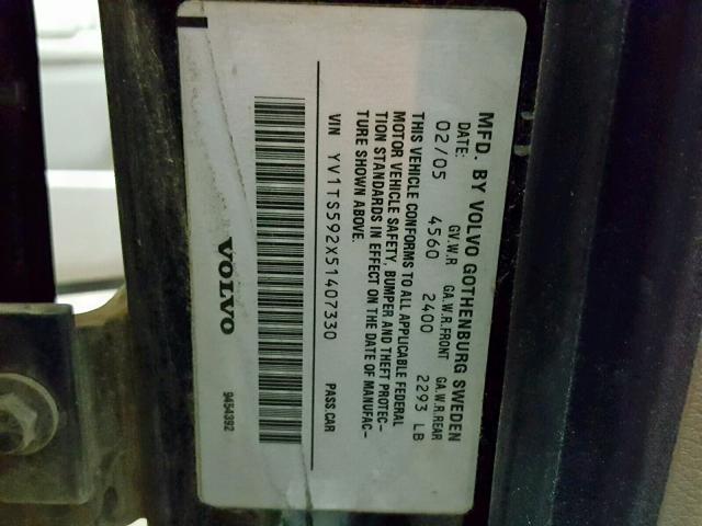 YV1TS592X51407330 - 2005 VOLVO S80 2.5T BLACK photo 10