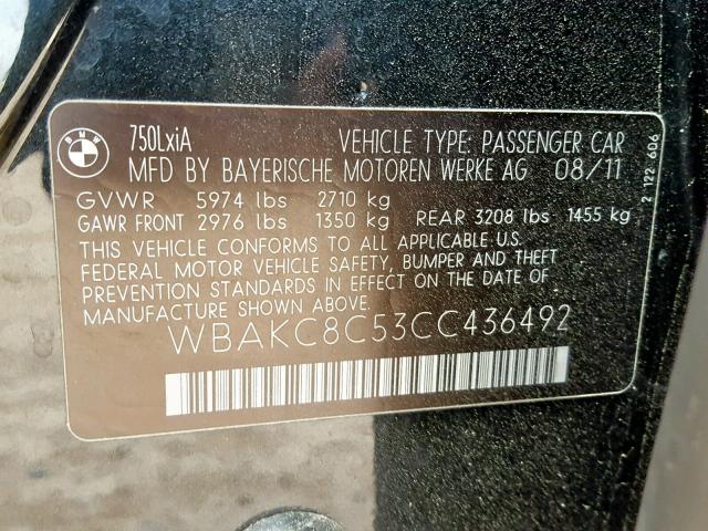 WBAKC8C53CC436492 - 2012 BMW 750 LI BLACK photo 10