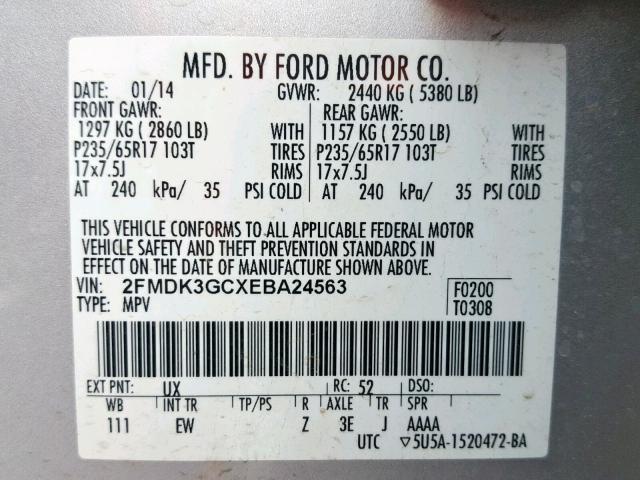 2FMDK3GCXEBA24563 - 2014 FORD EDGE SE SILVER photo 10