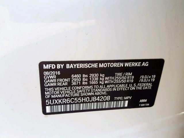 5UXKR6C55H0J84208 - 2017 BMW X5 XDRIVE5 WHITE photo 10