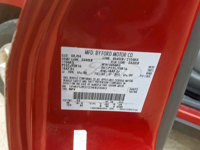 1FMYU93125KB23063 - 2005 FORD ESCAPE XLT RED photo 10