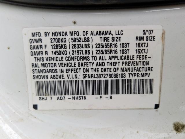 5FNRL38727B086103 - 2007 HONDA ODYSSEY EXL  photo 10